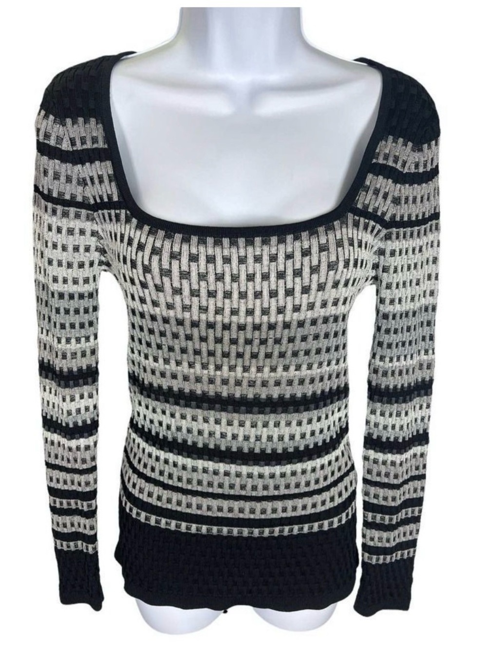 White House Black Market Black & Cream Off-Shoulder Square Neck Sweater